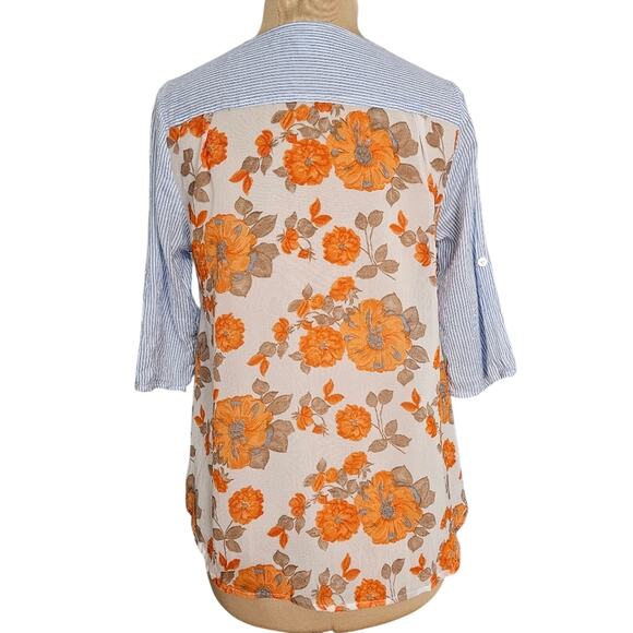 Tru Luxe Jeans Striped Floral Asymmetric 3/4 Sleeve Top Small Boho Bloomcore - Picture 2 of 12